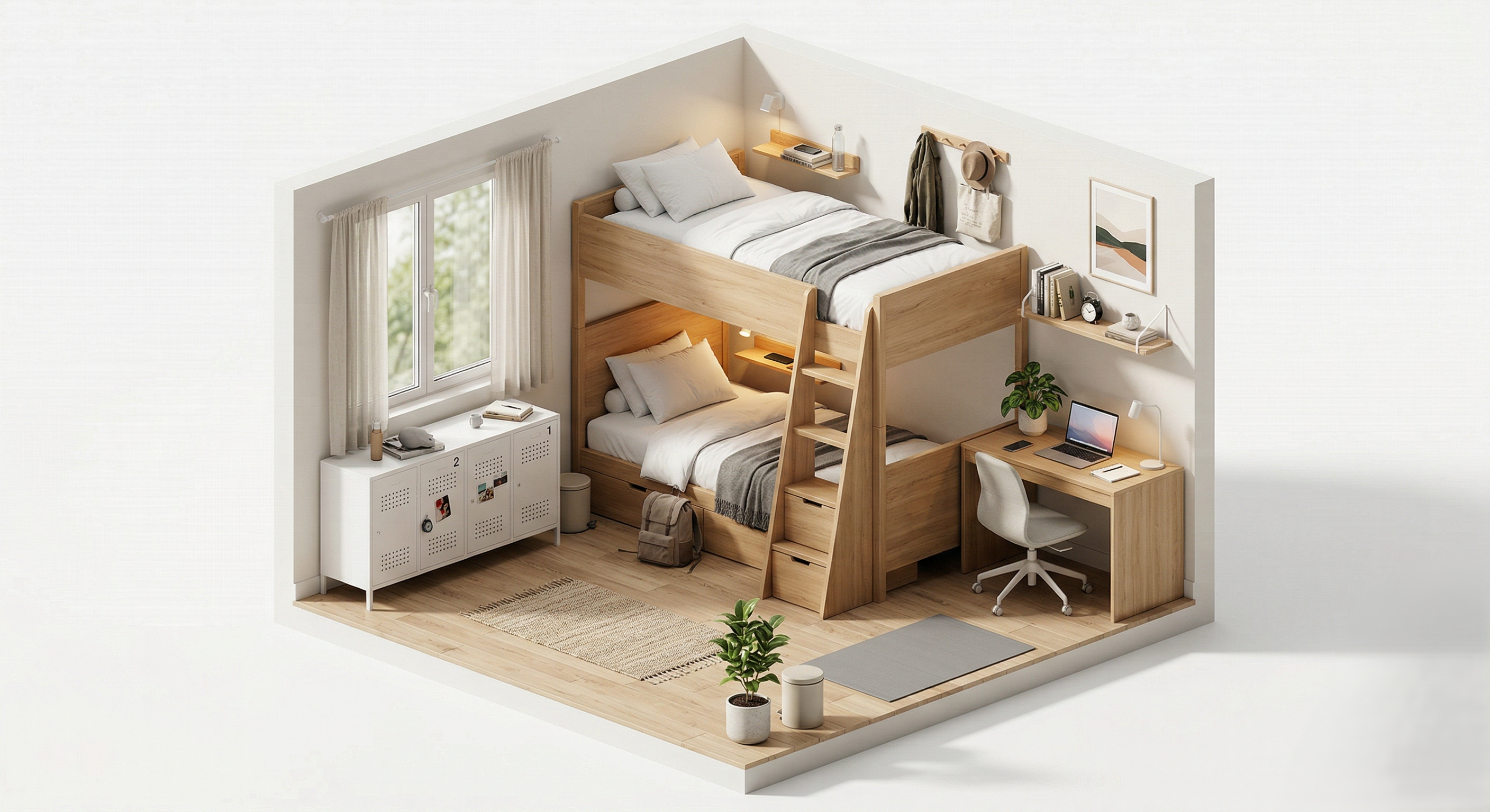 Modern 3D Hostel Room Illustration